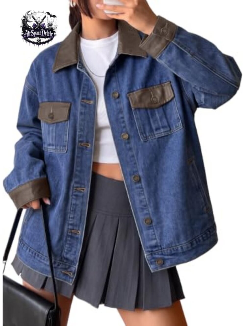 Womens Boyfriend Washed Denim Jacket Faux Leather Trim Loose Trucker Coat